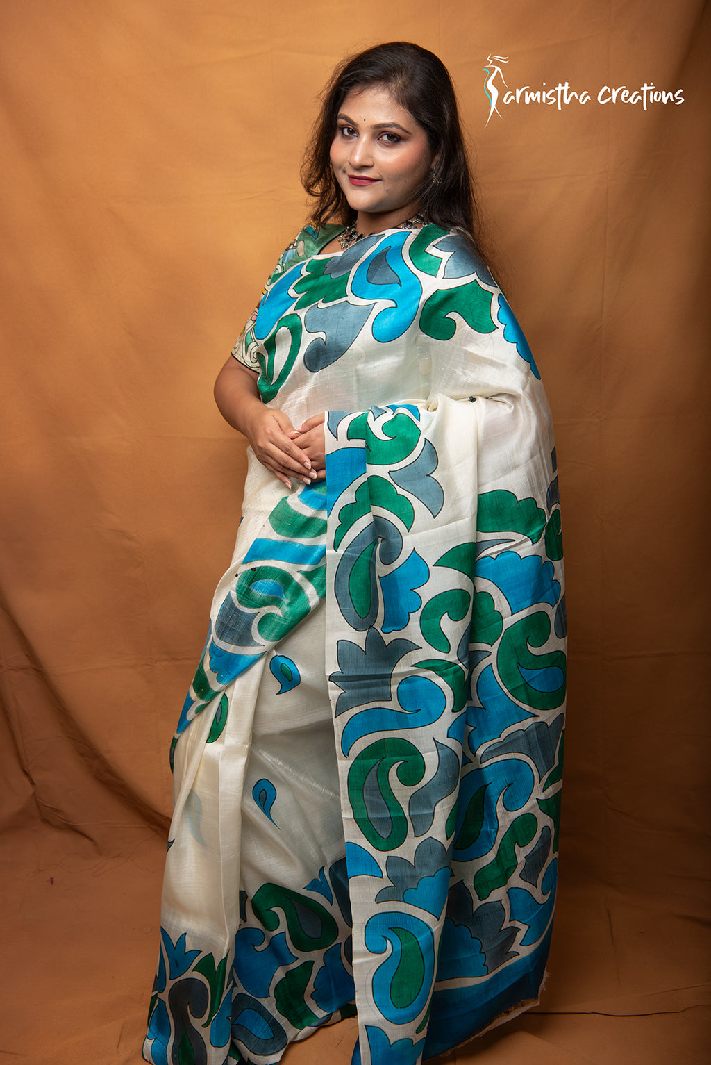 Neelbonolata Ivory Hand Painted Bishnupuri Silk Saree | Sarmistha Creations