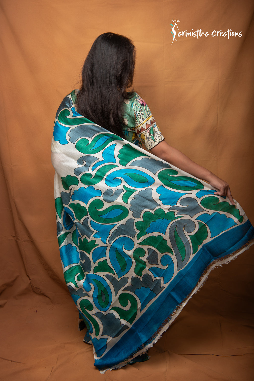 Neelbonolata Ivory Hand Painted Bishnupuri Silk Saree | Sarmistha Creations