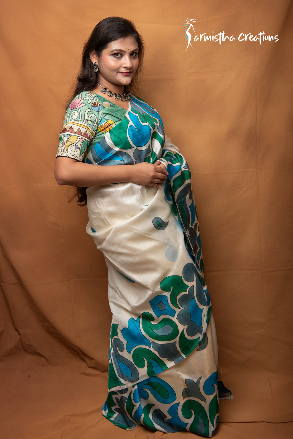 Neelbonolata Ivory Hand Painted Bishnupuri Silk Saree | Sarmistha Creations