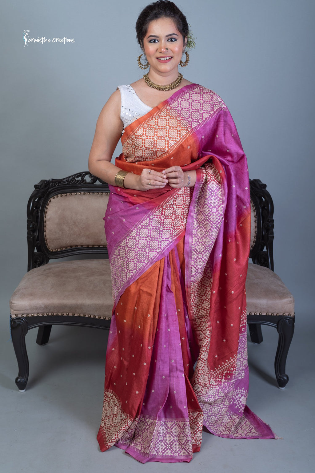 Tussar Kutchwork Saree in Orange and Pink ptkw-001 image 1