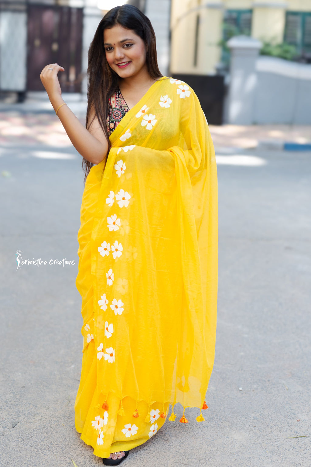 Pure Mul Cotton Saree Yellow with Floral Prints image 2