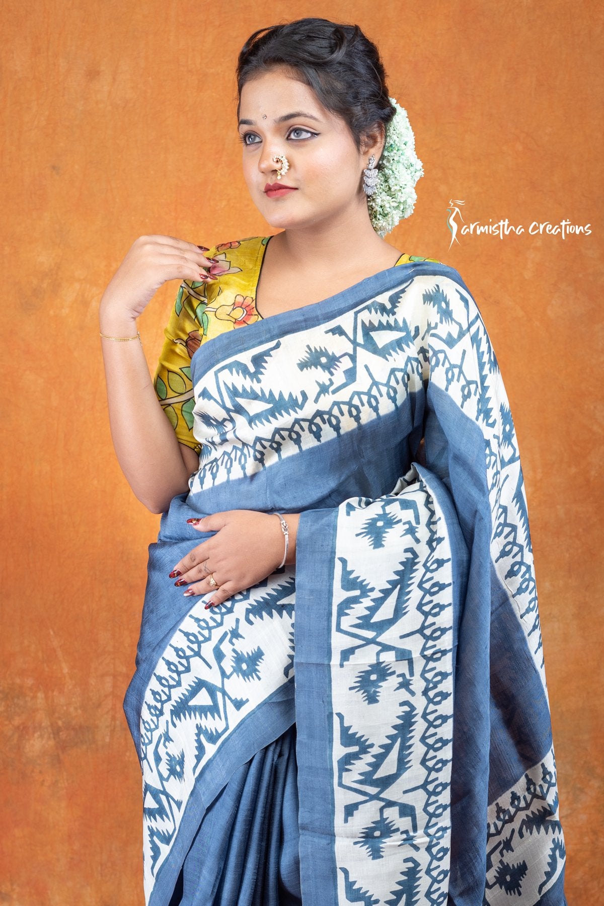 Murshidabad Silk Saree with Hand Block Printing Monsoon Midnight and Oriental Blue hbpms-004 image 0