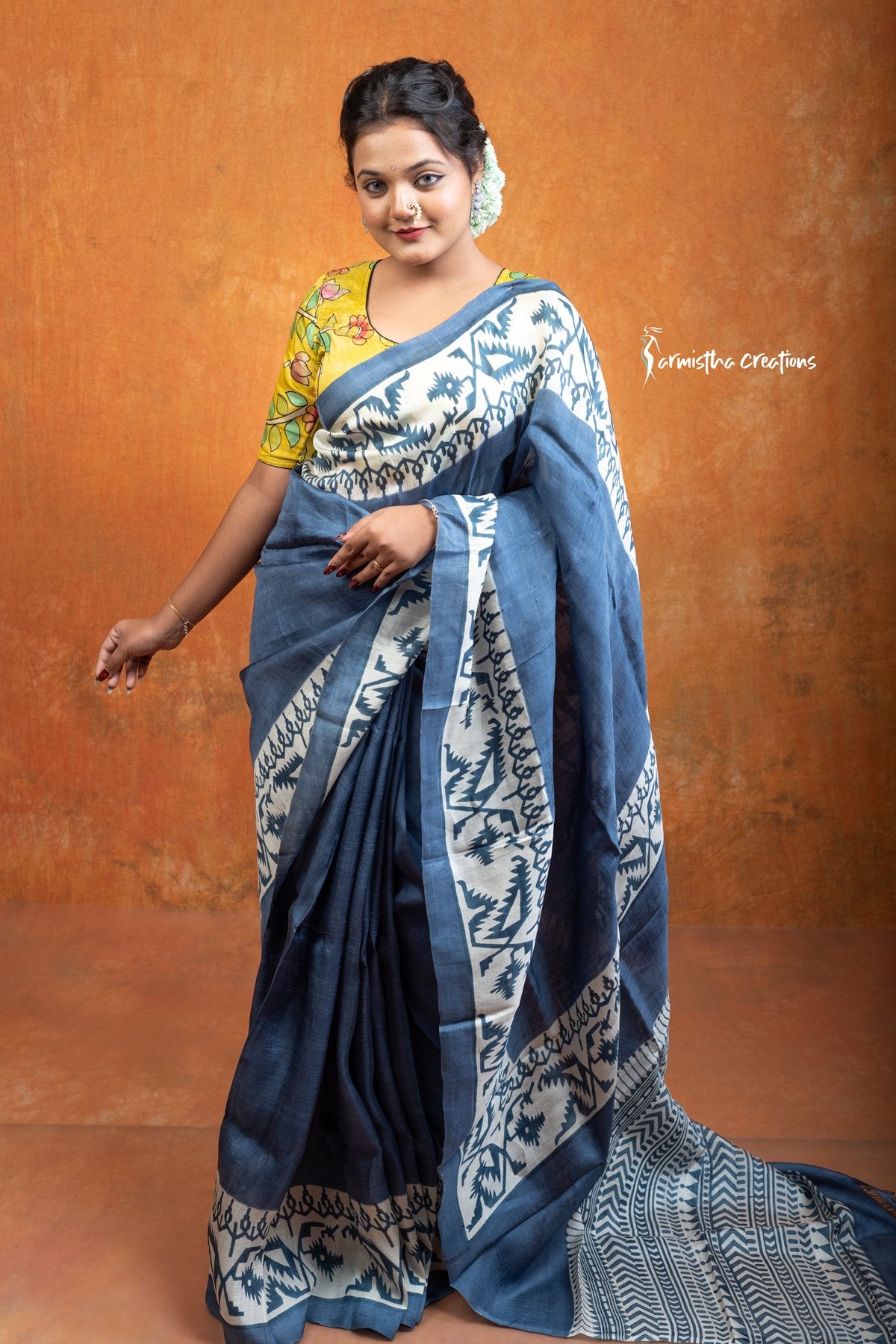 Murshidabad Silk Saree with Hand Block Printing Monsoon Midnight and Oriental Blue hbpms-004 image 1