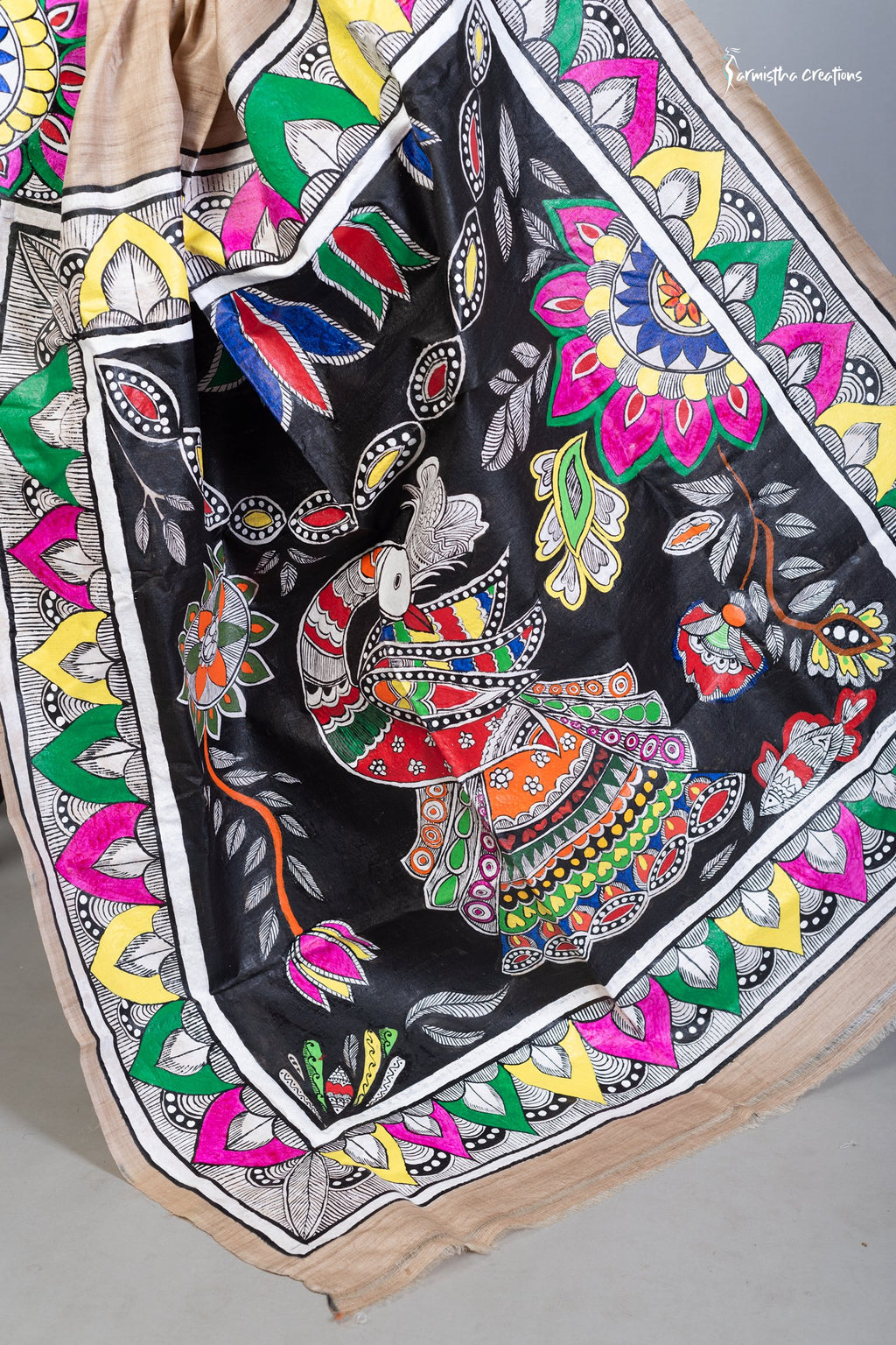 Modhulekha- Hand-painted patachitra fusing madhubani style on Raghunathpur Tussar image 3