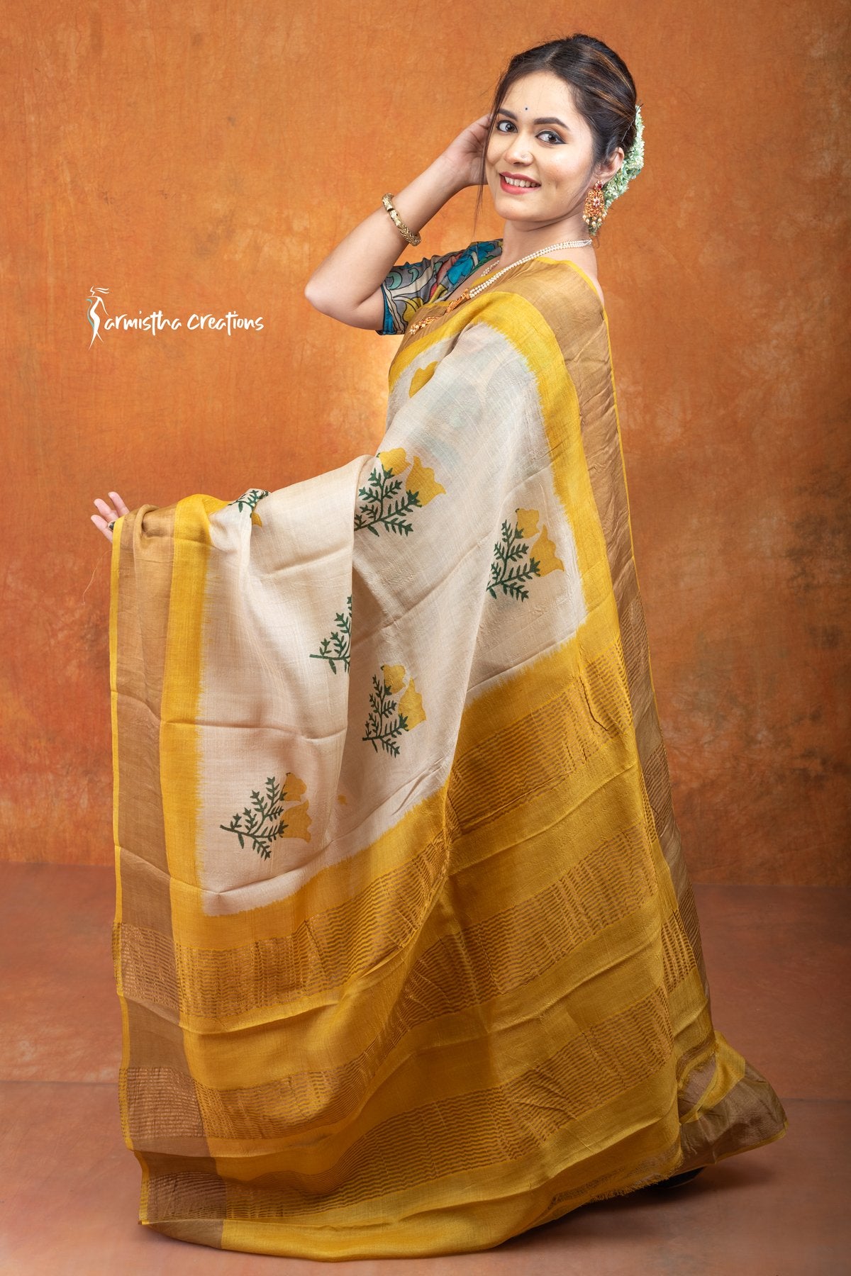 Zari Border Pure Tussar Silk Saree With Hand-Block Printing dtzbhbp-122 image 1