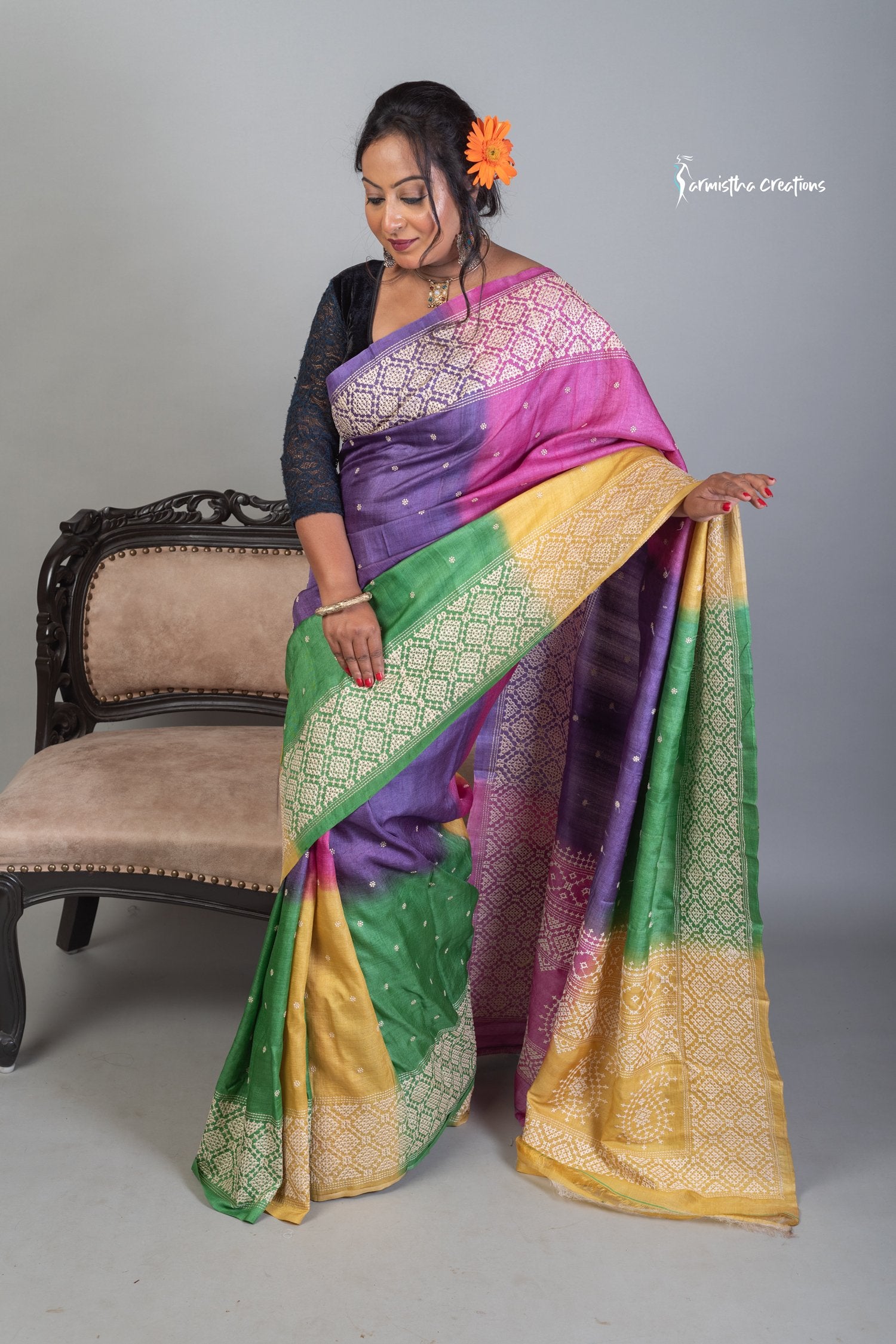 Multicolor Tussar Kutchwork Saree ptkw-003 image 2