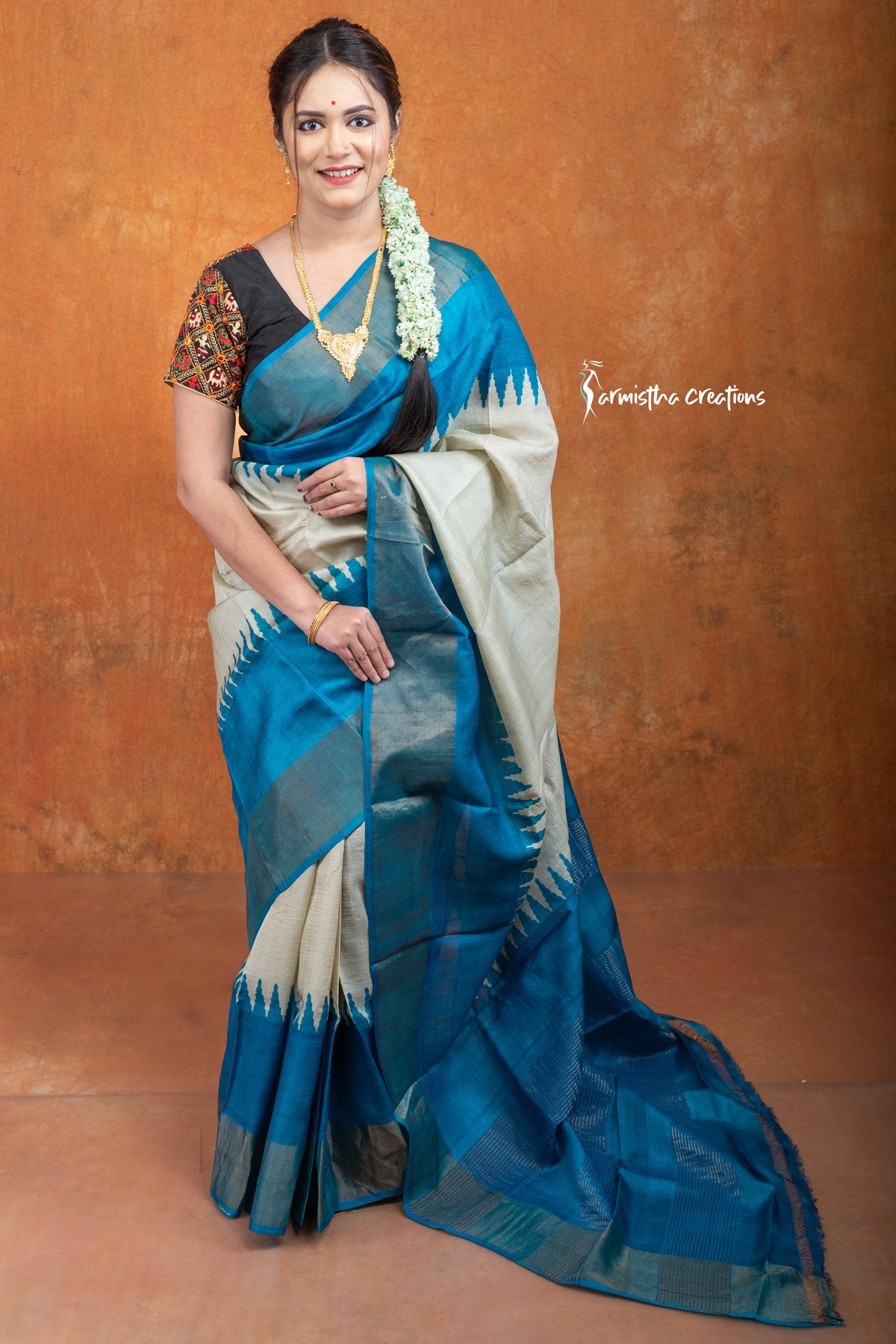 Zari Border Pure Desi Tussar Silk Saree With Hand-Block Printing dtzbhbp-072 image 0