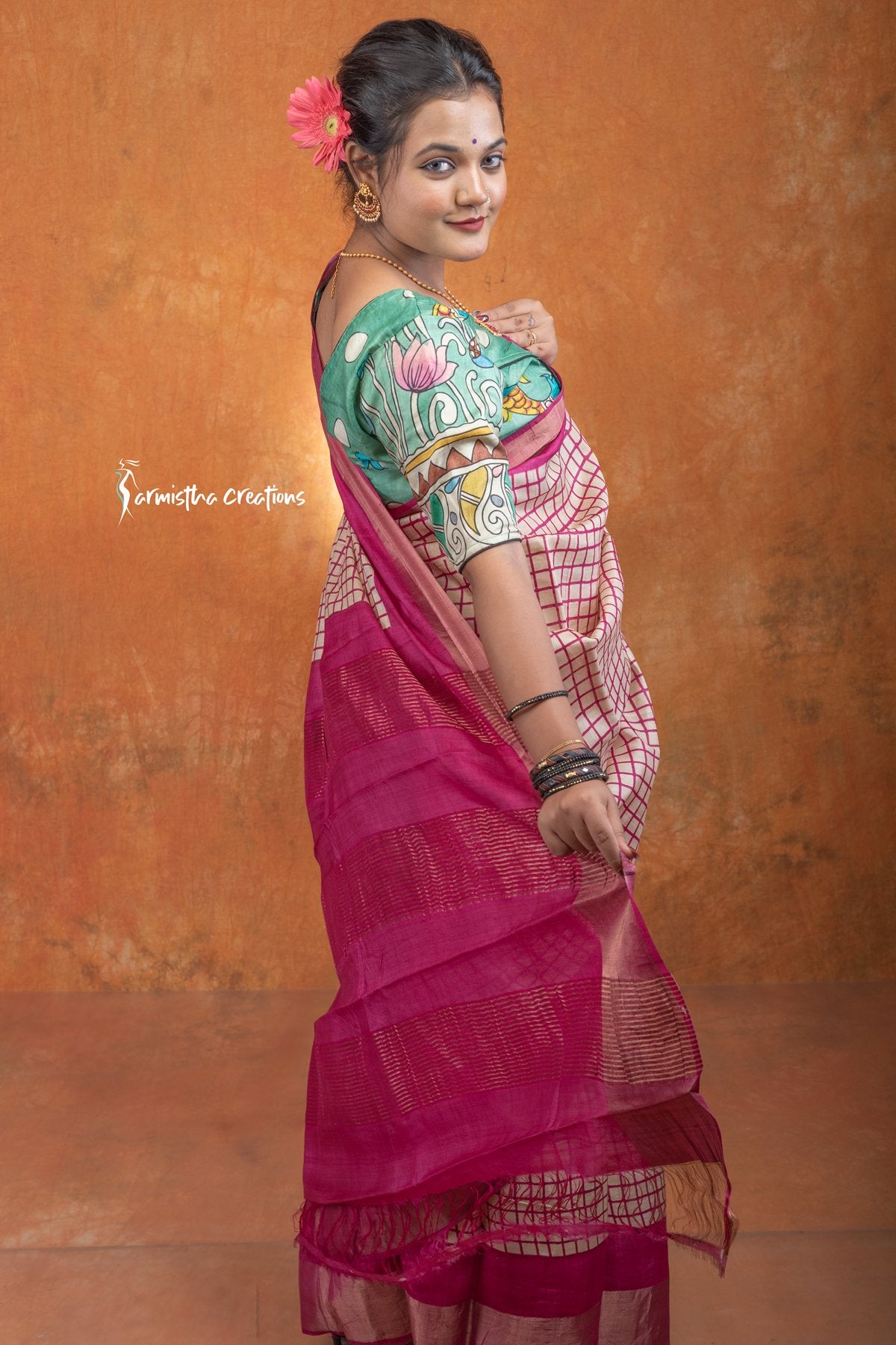 Zari Border Pure Tussar Silk Saree With Hand-Block Printing dtzbhbp-057 image 1