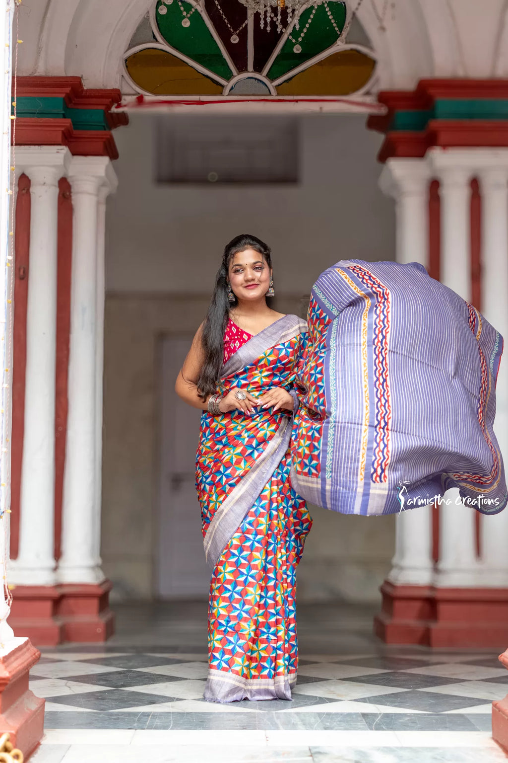 Ghicha Tussar Silk Saree with Block Printed Geometrical Motifs image 4