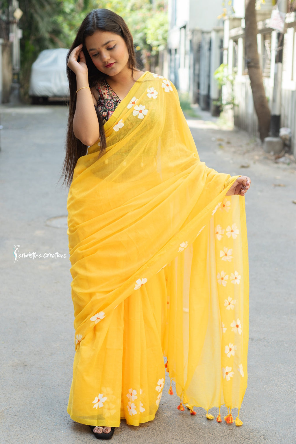 Pure Mul Cotton Saree Yellow with Floral Prints image 1