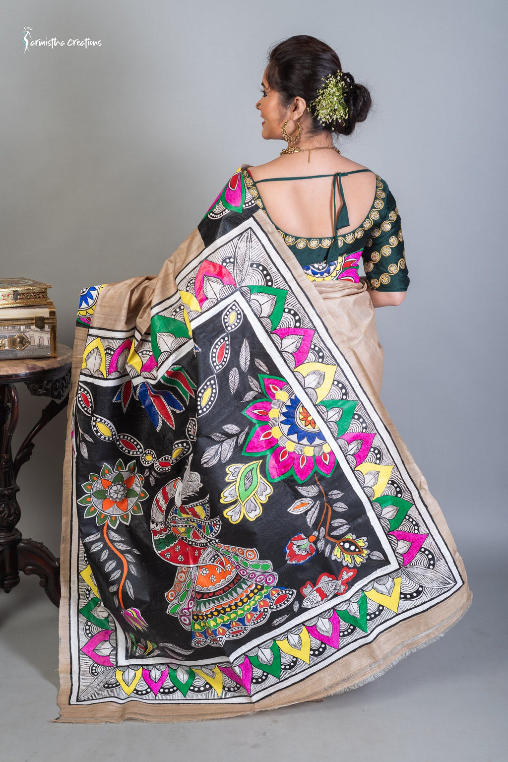 Modhulekha- Hand-painted patachitra fusing madhubani style on Raghunathpur Tussar image 2
