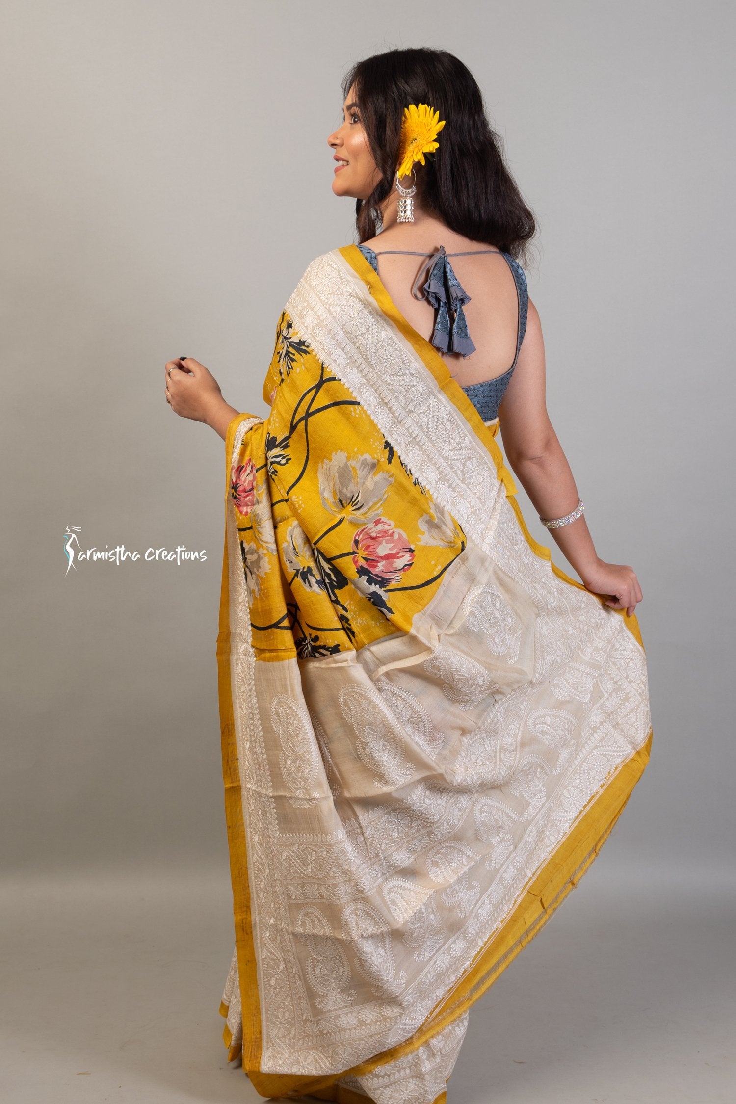Floral Printed Tussar Saree with Chikankari Work Amber Yellow ptch-001 image 3