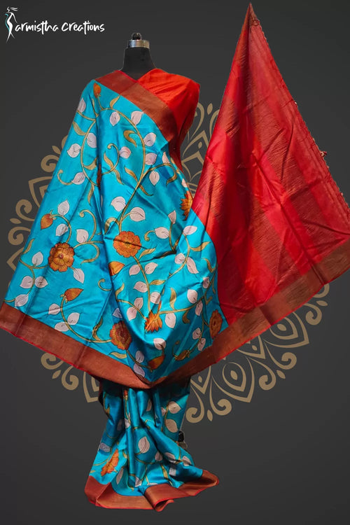 Desi Tussar Pen Kalamkari Saree Sky Blue dtpkkd-002 image 0