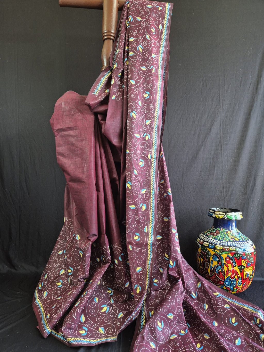 Kantha Stitch on Wine Dhonekhali Cotton Saree image 0