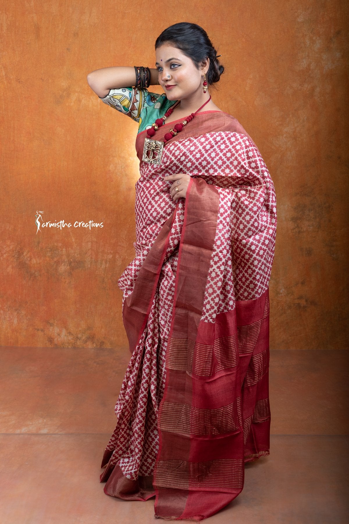 Zari Border Pure Desi Tussar Silk Saree With Hand-Block Printing | dtzbhbp-011 image 4