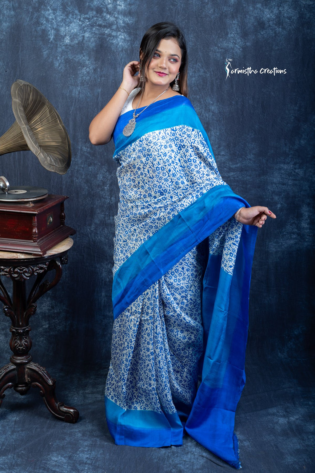 Azure Bloom &amp; Midnight Tide - Hand-block Printed Murshidabad Silk Saree | hbpms-029 image 5