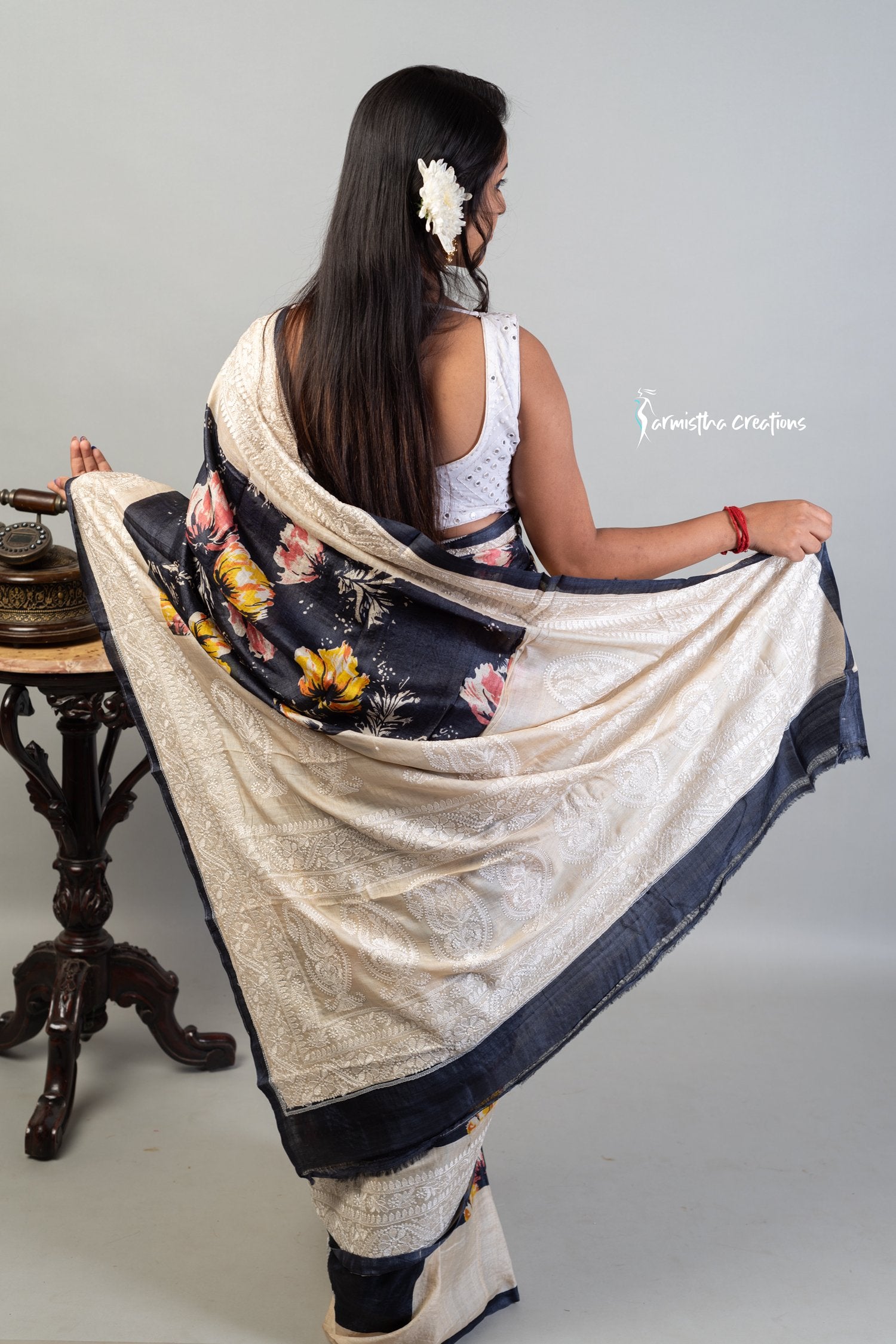 Floral Printed Tussar Saree with Chikankari Work Black ptch-002 image 3