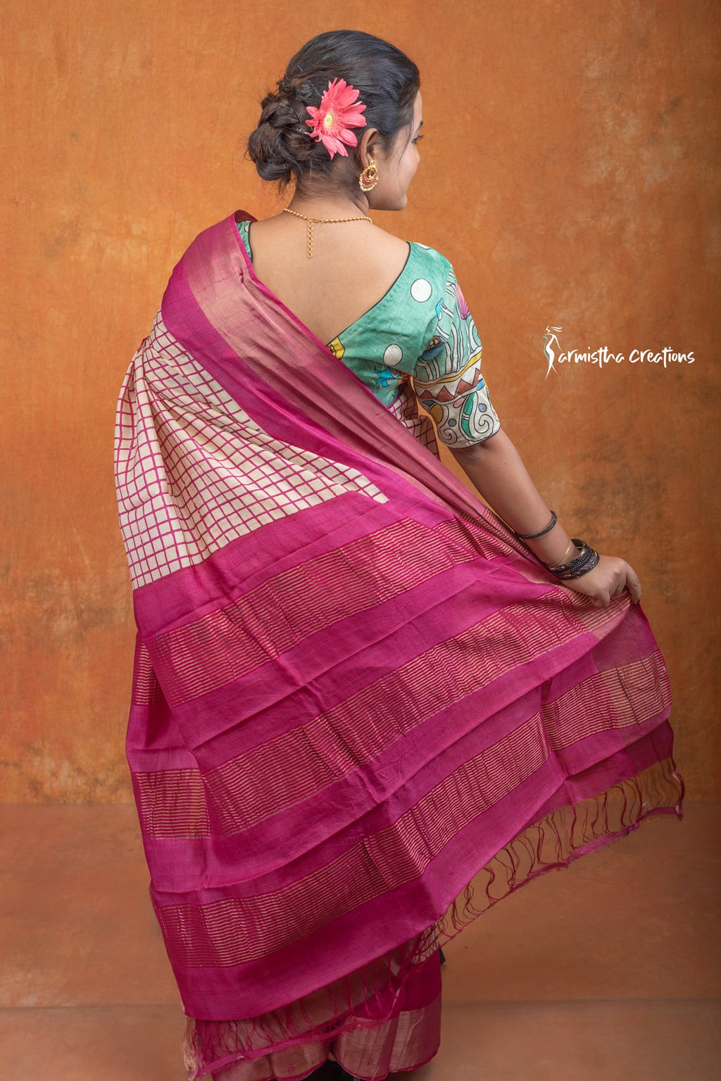 Zari Border Pure Tussar Silk Saree With Hand-Block Printing dtzbhbp-057 image 6
