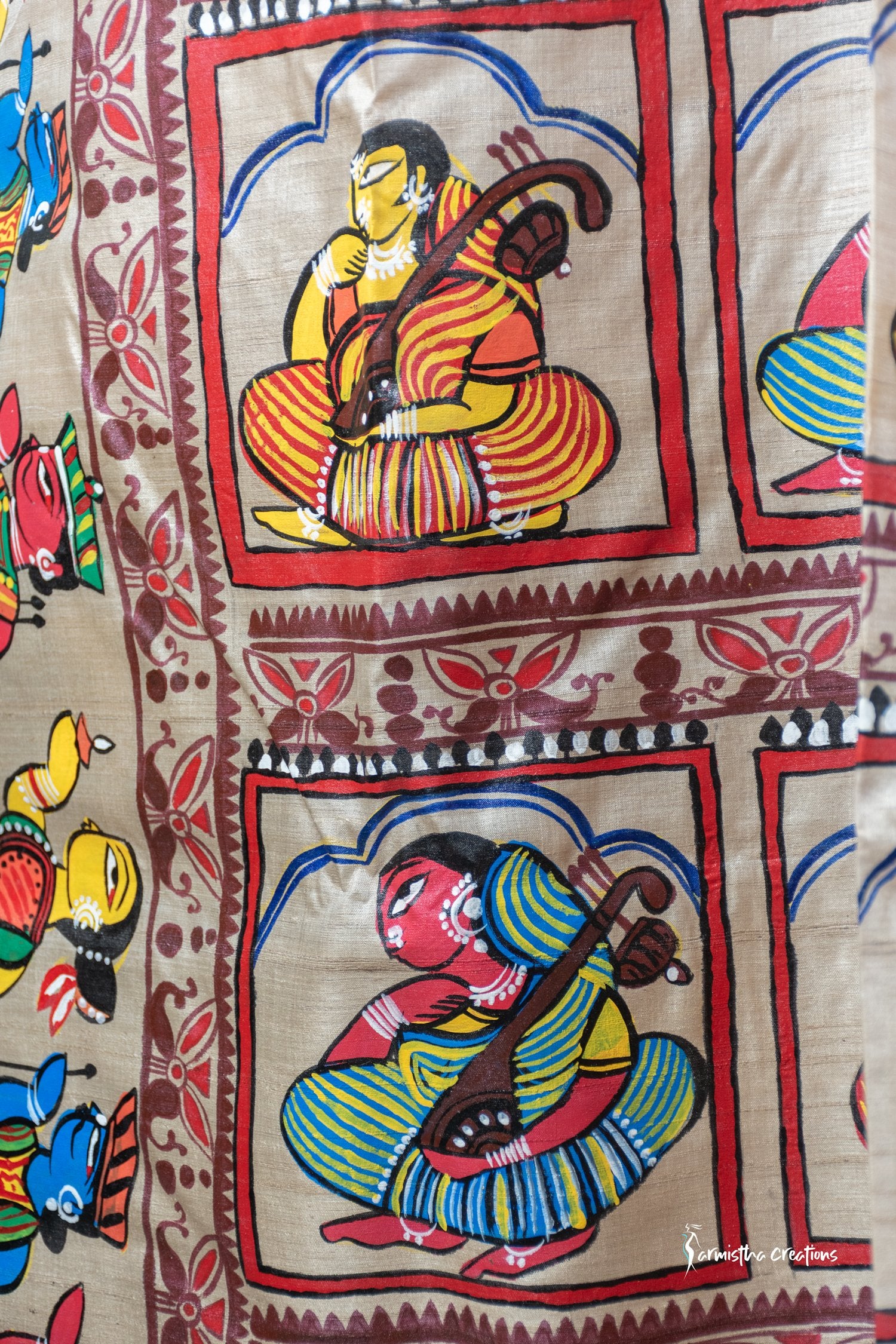 Rangini - Hand-painted patachitra fusing madhubani style on Raghunathpur Tussar image 4
