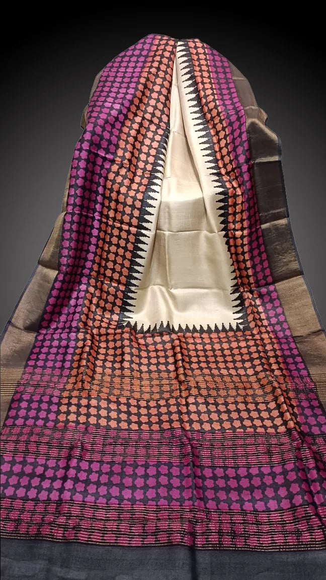 Zari Border Pure Desi Tussar Silk Saree With Hand-Block Printing dtzbhbp-001 image 0