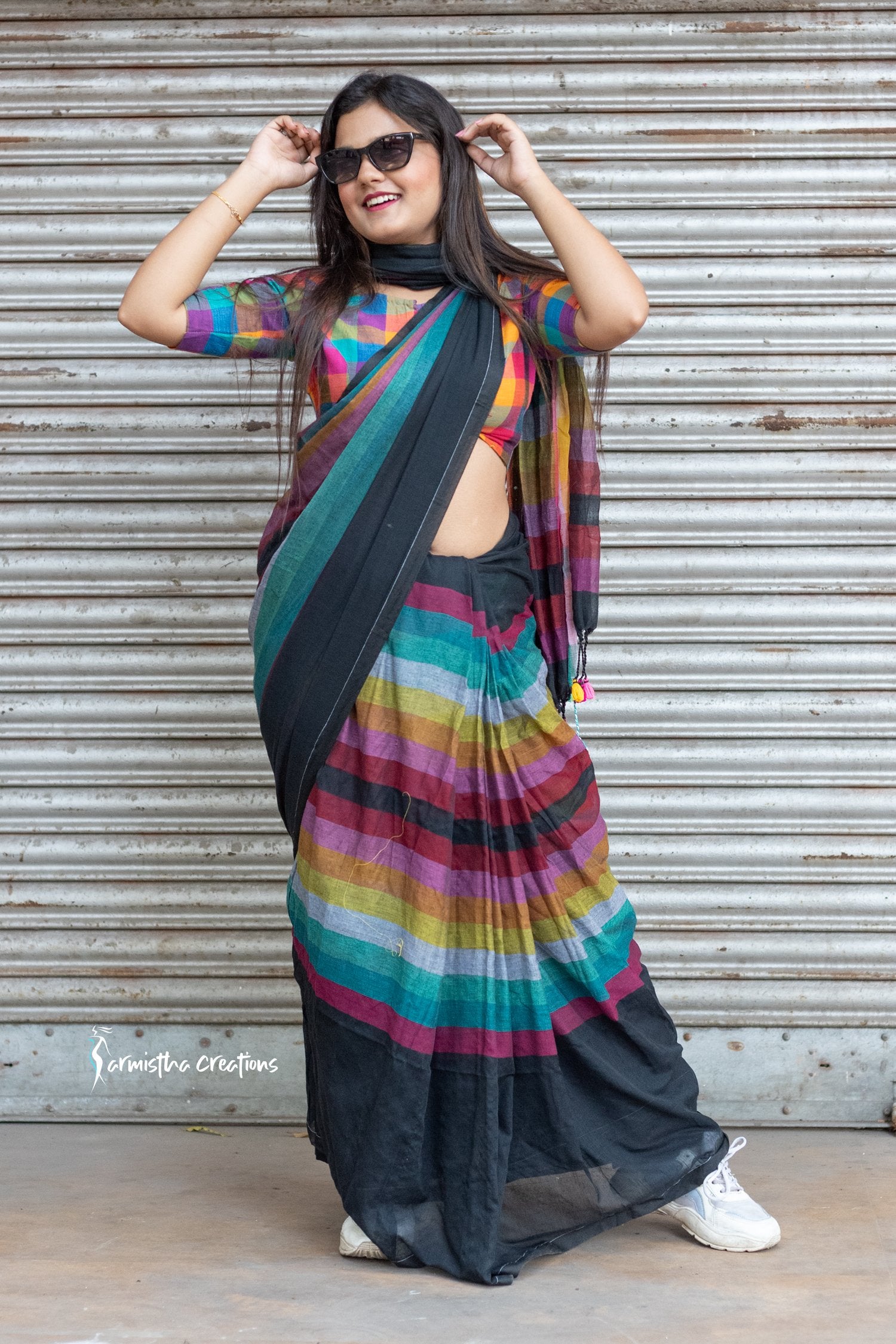 Black &amp; Multicolour Pure Mul Cotton Saree image 1