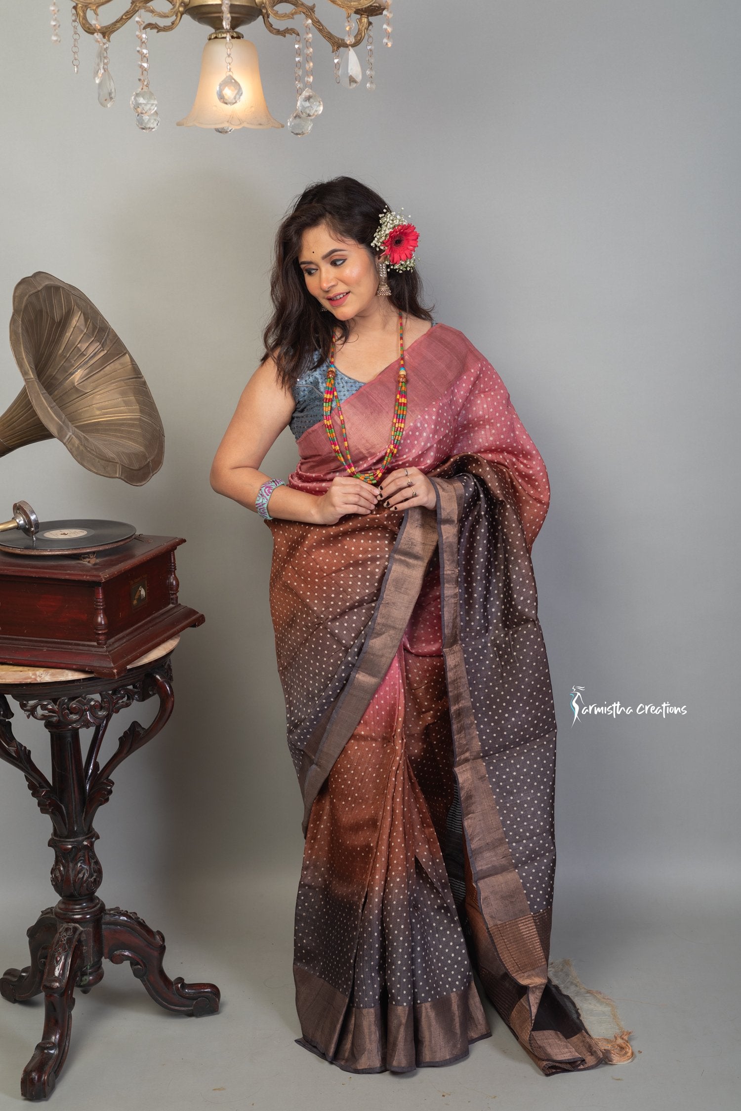 Zari Border Pure Desi Tussar Silk Saree With Hand-Block Printing dtzbhbp-049 image 0