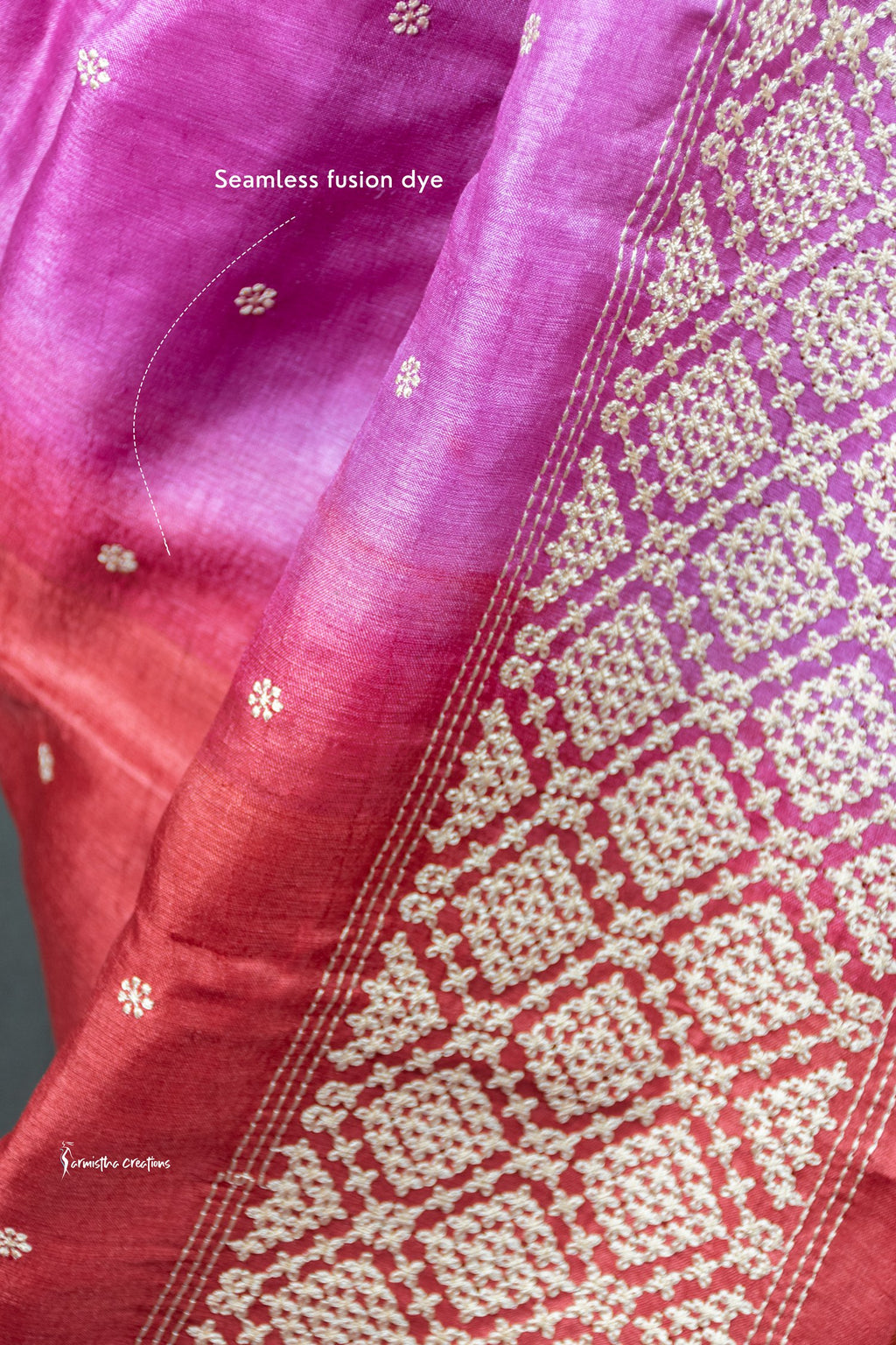 Tussar Kutchwork Saree in Orange and Pink ptkw-001 image 4