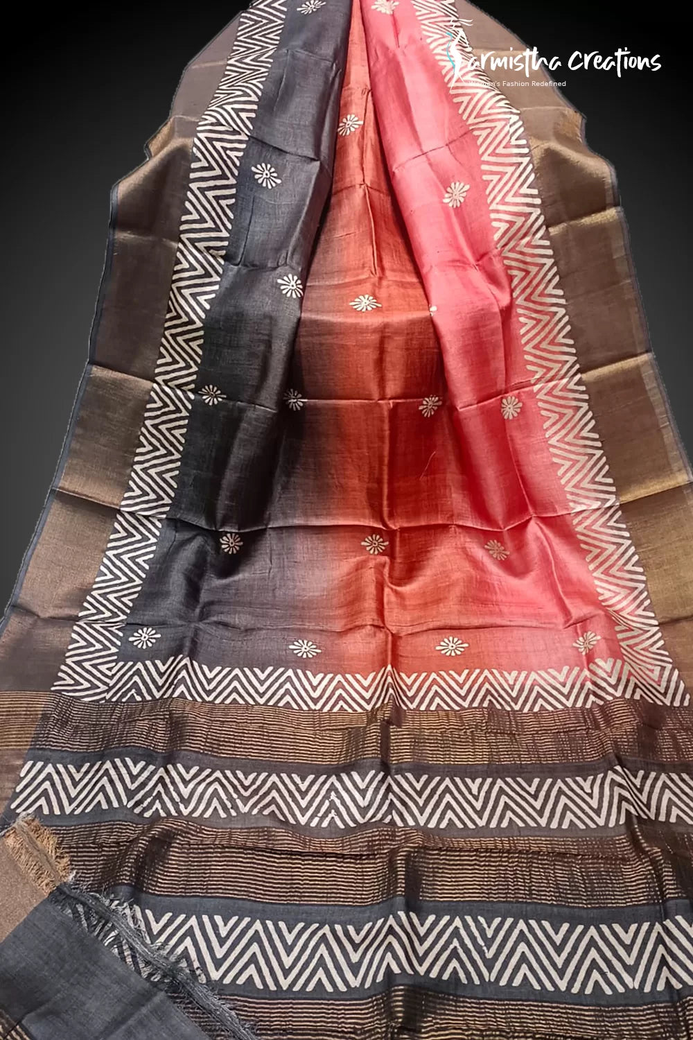 Zari Border Pure Desi Tussar Silk Saree With Hand-Block Printing dtzbhbp-023 image 0
