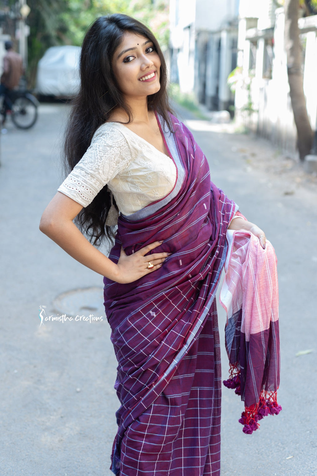 Handloom Cotton Saree with Checks and Stripes Purple image 2