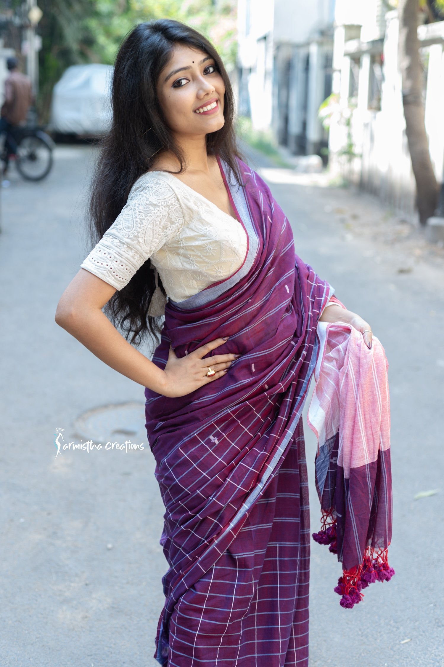 Handloom Cotton Saree with Checks and Stripes Purple image 2