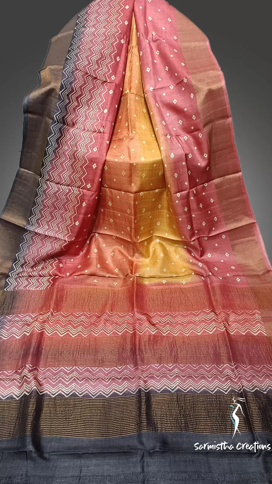 Zari Border Pure Desi Tussar Silk Saree With Hand-Block Printing dtzbhbp-012 image 0