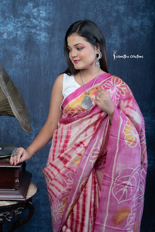 Gulabi Gatha - Pure Tussar Saree with Shibori, Batik &amp; Discharge Art | tfs-001 image 1