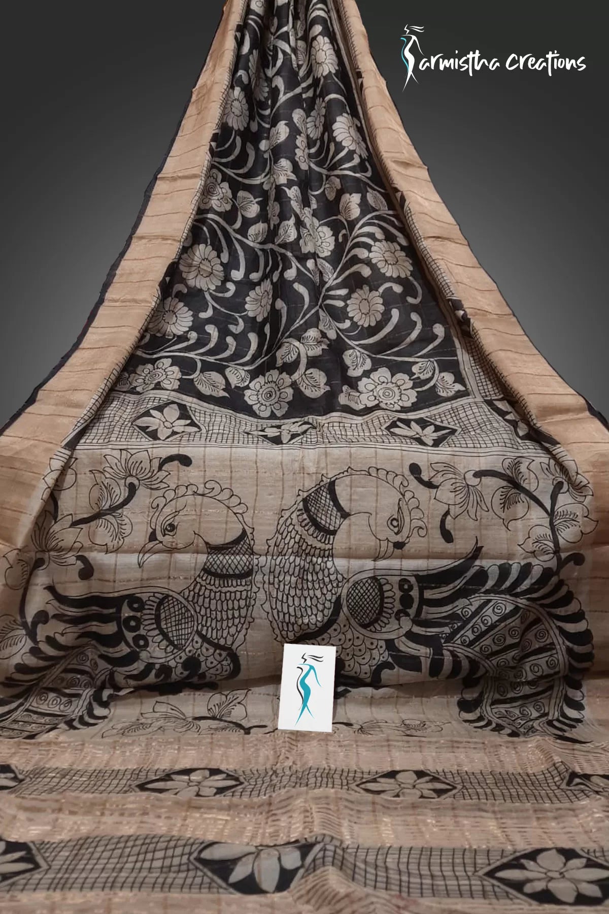 Zari Check Tassar With Hand Kalamkari Black zctkhp-004 image 0