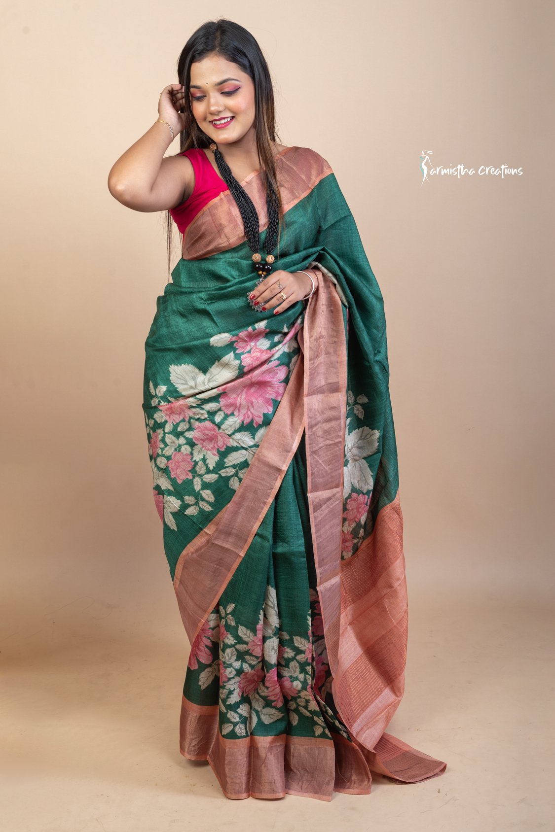 Forest Bloom – Zari Border Tussar Saree with Hand Block Prints | dtzbhbp-091 image 1
