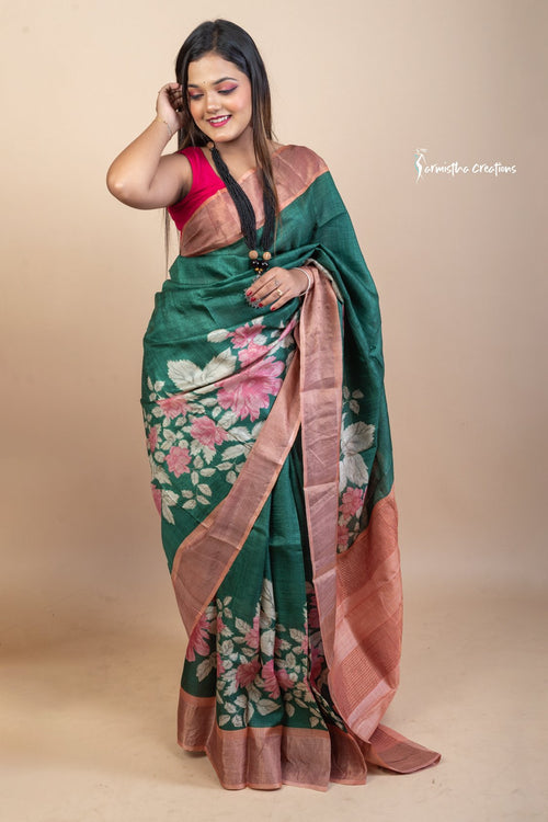 Forest Bloom – Zari Border Tussar Saree with Hand Block Prints | dtzbhbp-091 image 1