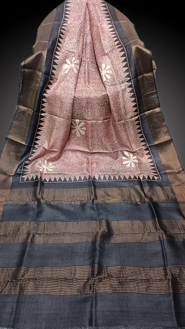 Zari Border Tussar Silk Saree With Hand-Block Printing dtzbhbp-002 image 0