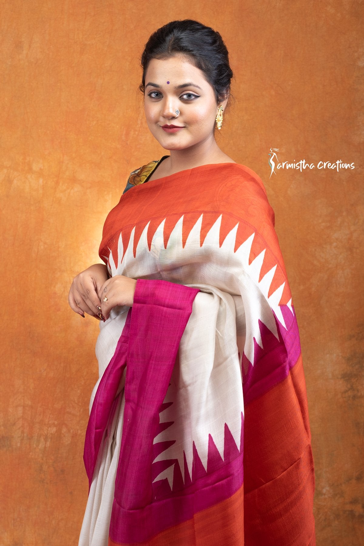 Murshidabad Silk Saree with Hand Block Printing Orange and Pink hbpms-010 image 1