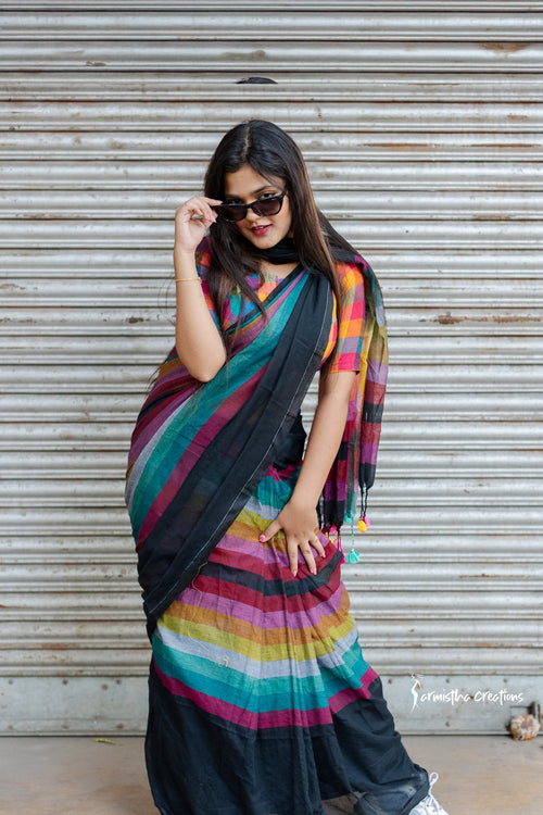Black &amp; Multicolour Pure Mul Cotton Saree image 0