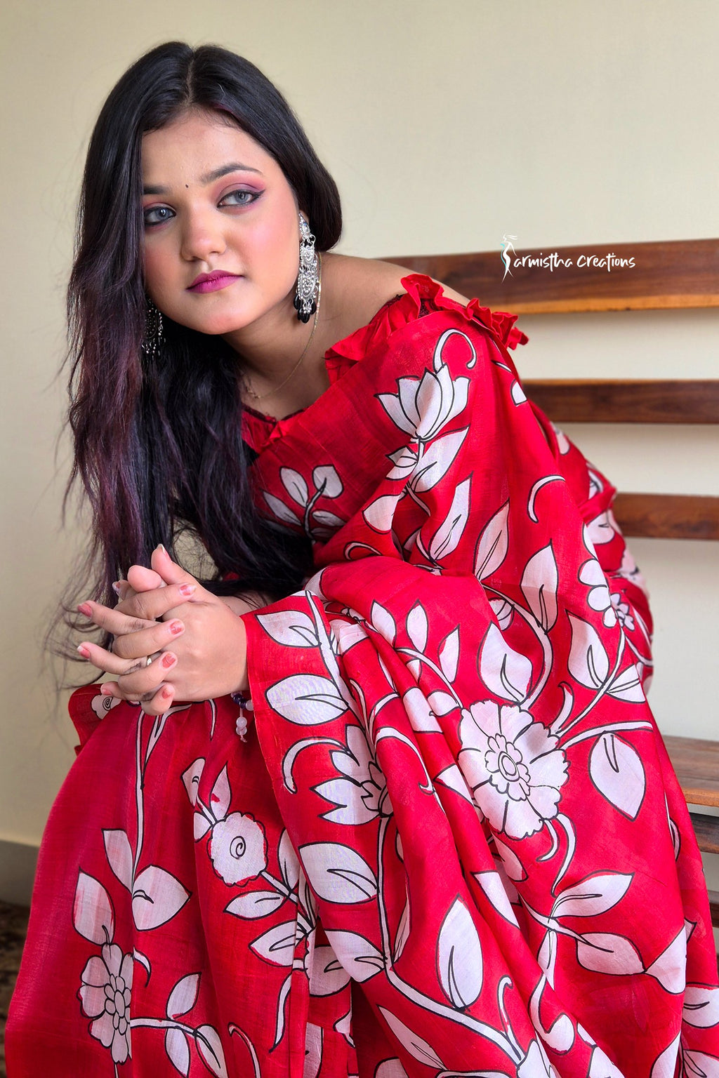 Kiss of Red – Pure Bishnupuri Silk Saree with Hand Kalamkari | bshk-001 image 1