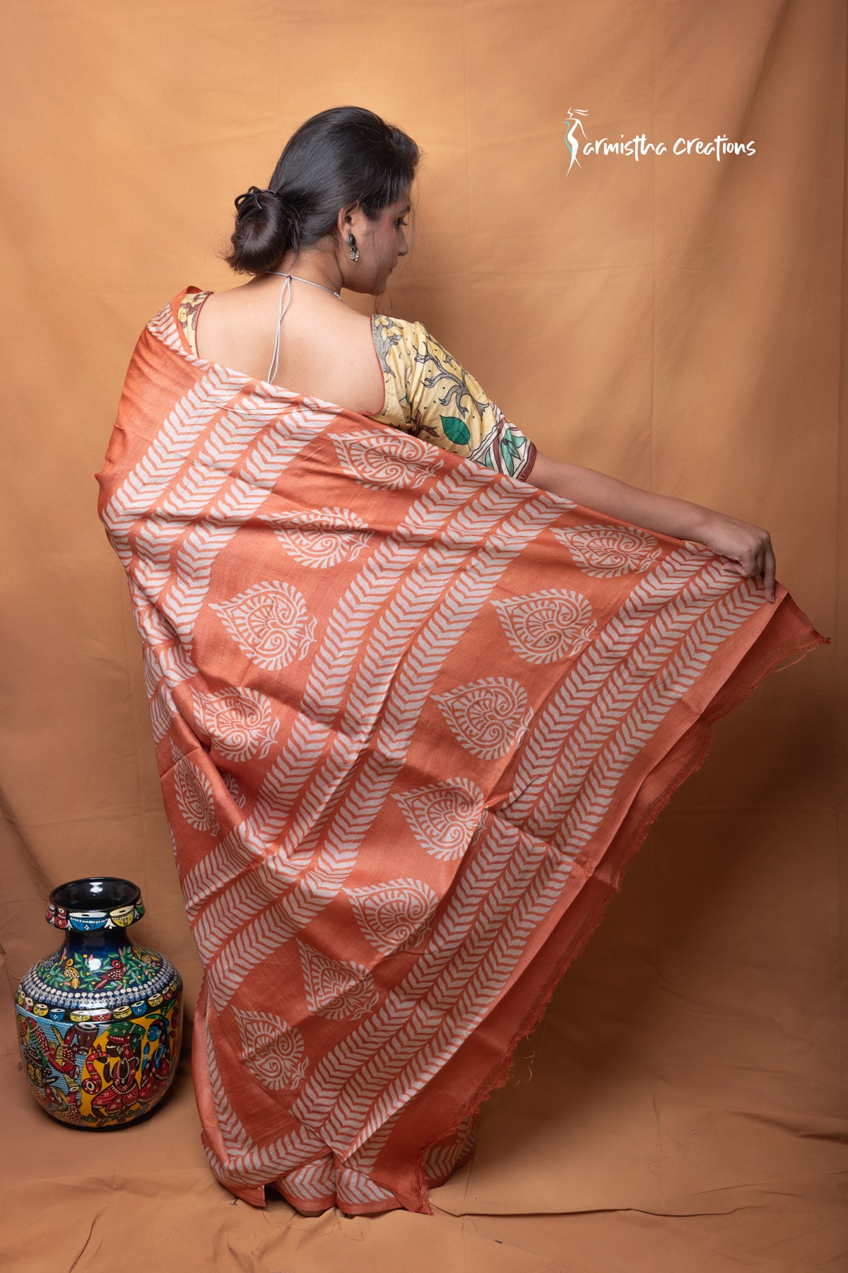 Palashree – Terracotta Hand Block Printed Pure Tussar Silk Saree