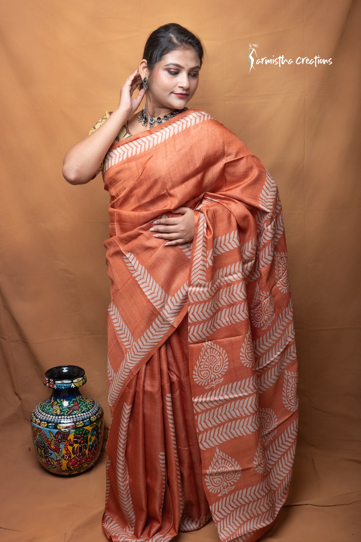 Palashree – Terracotta Hand Block Printed Pure Tussar Silk Saree