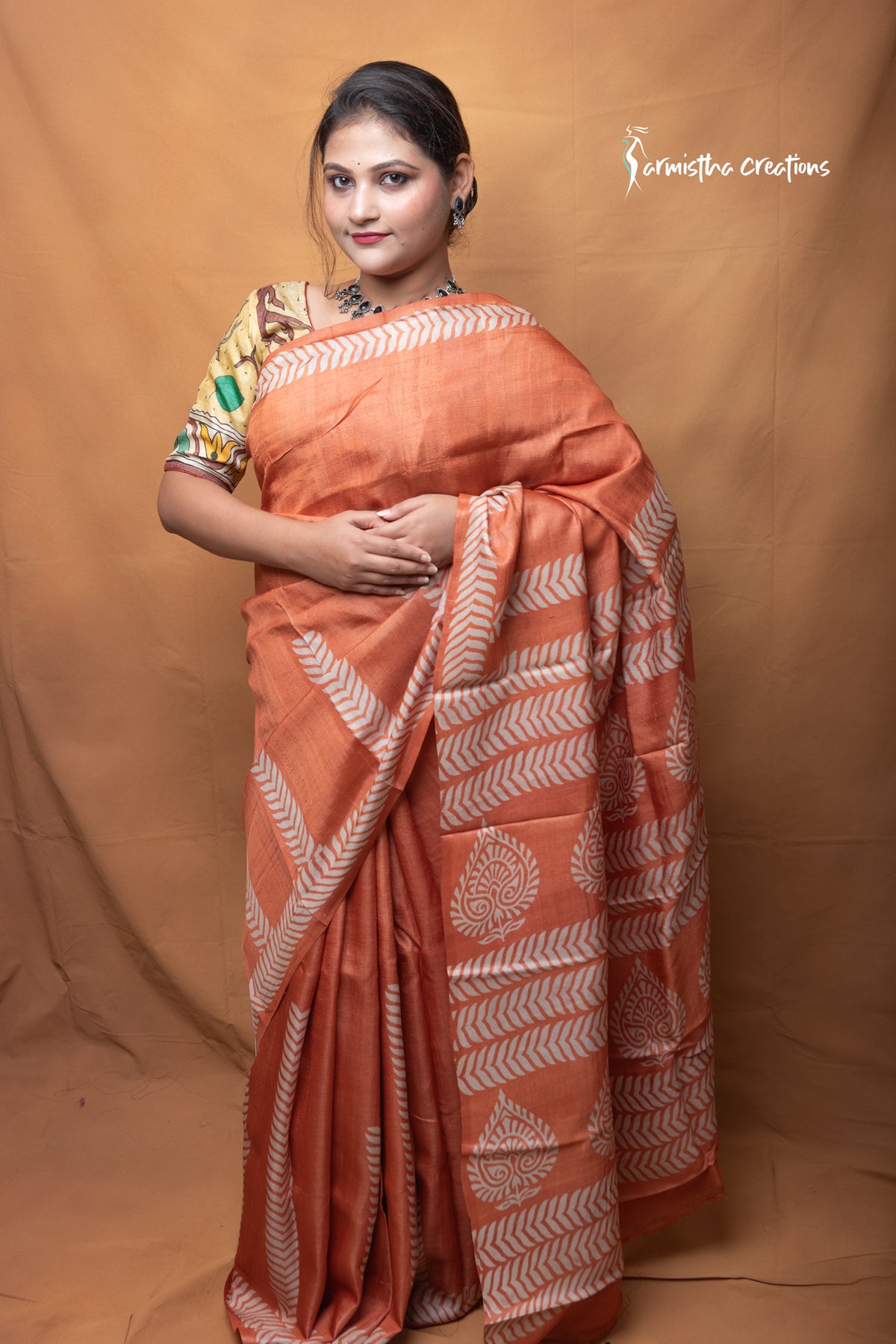 Palashree – Terracotta Hand Block Printed Pure Tussar Silk Saree
