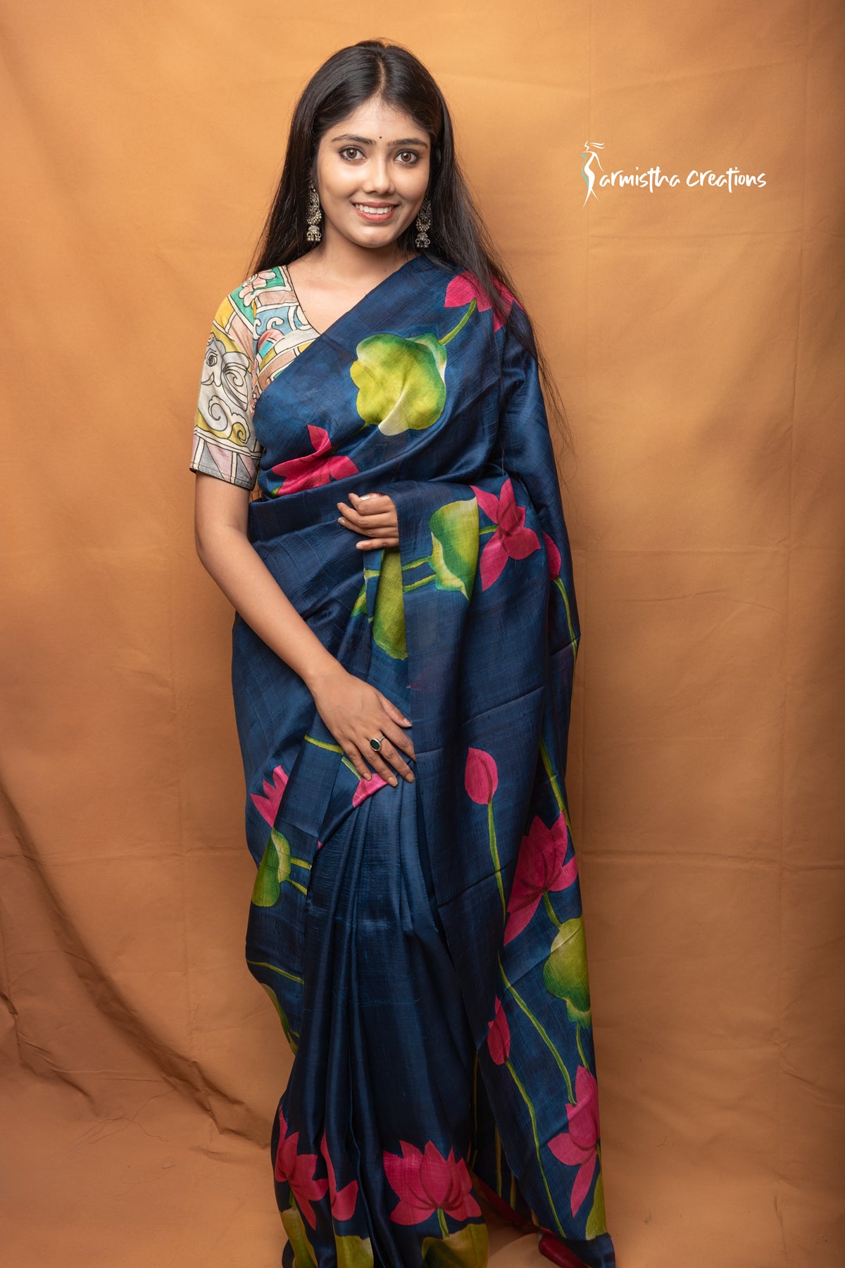 Charulata – Midnight Blue Hand Kalamkari Pure Bishnupuri Silk Saree