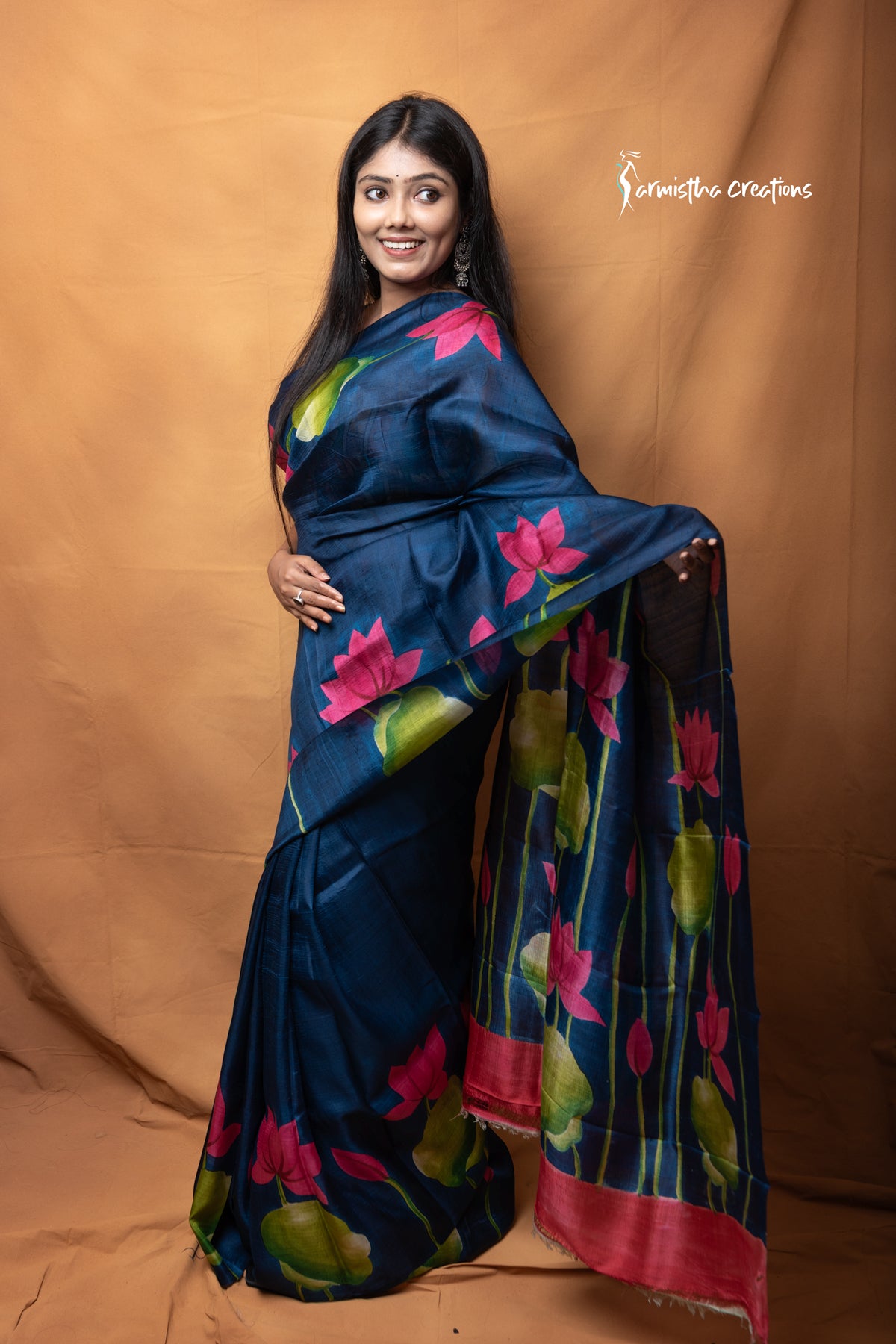 Charulata – Midnight Blue Hand Kalamkari Pure Bishnupuri Silk Saree