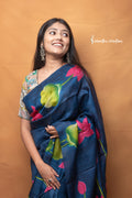 Charulata – Midnight Blue Hand Kalamkari Pure Bishnupuri Silk Saree