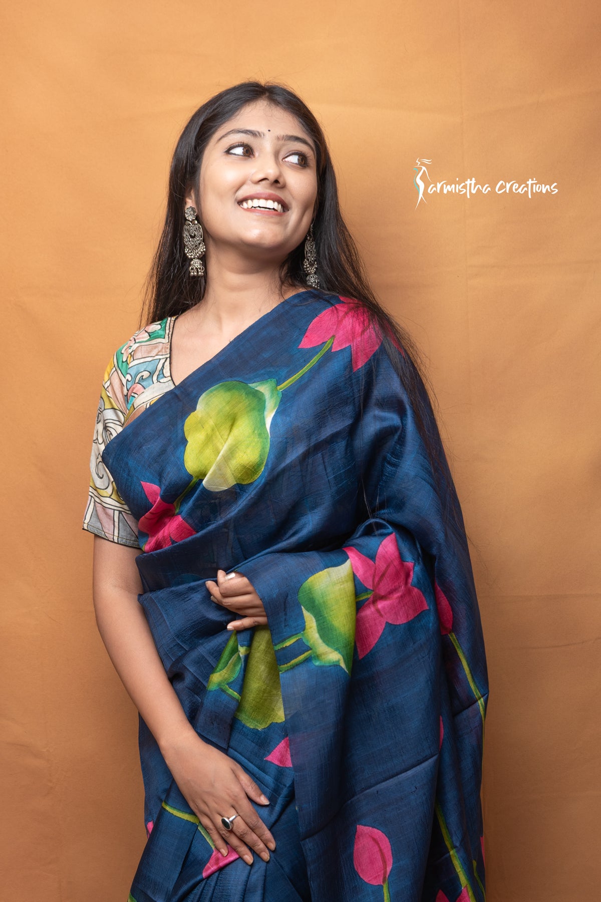 Charulata – Midnight Blue Hand Kalamkari Pure Bishnupuri Silk Saree