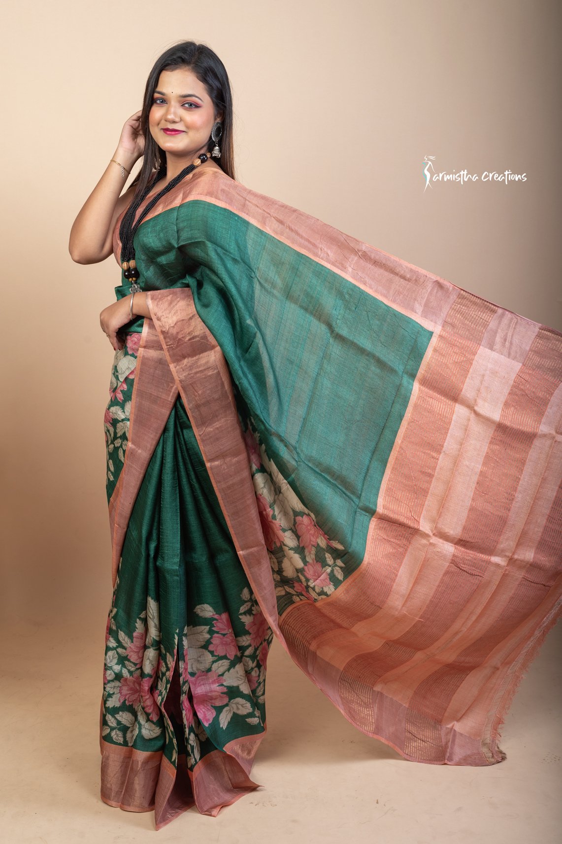Forest Bloom – Zari Border Tussar Saree with Hand Block Prints | dtzbhbp-091 image 4