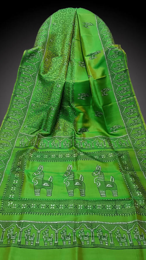 Hand-Block Printed Pure Bishnupuri Katan Silk Saree image 0