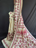 Temple Border &amp; Flower Kantha Stitch on Undyed Pure Tussar image 0