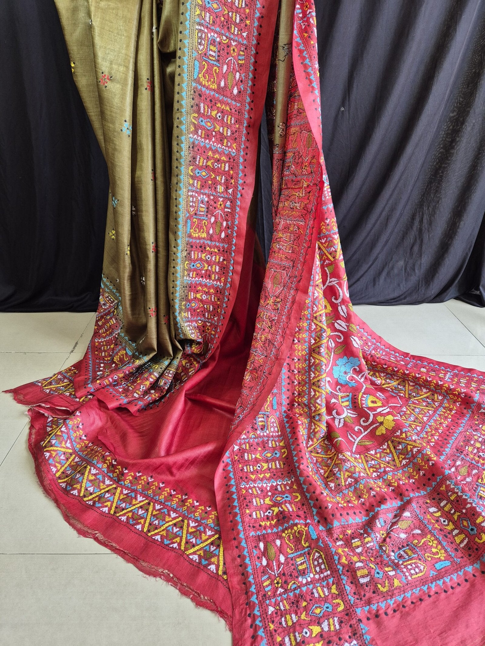 Stunning Kantha Stitch Saree on Pure Tussar (Mehendi Green &amp; Red) image 1